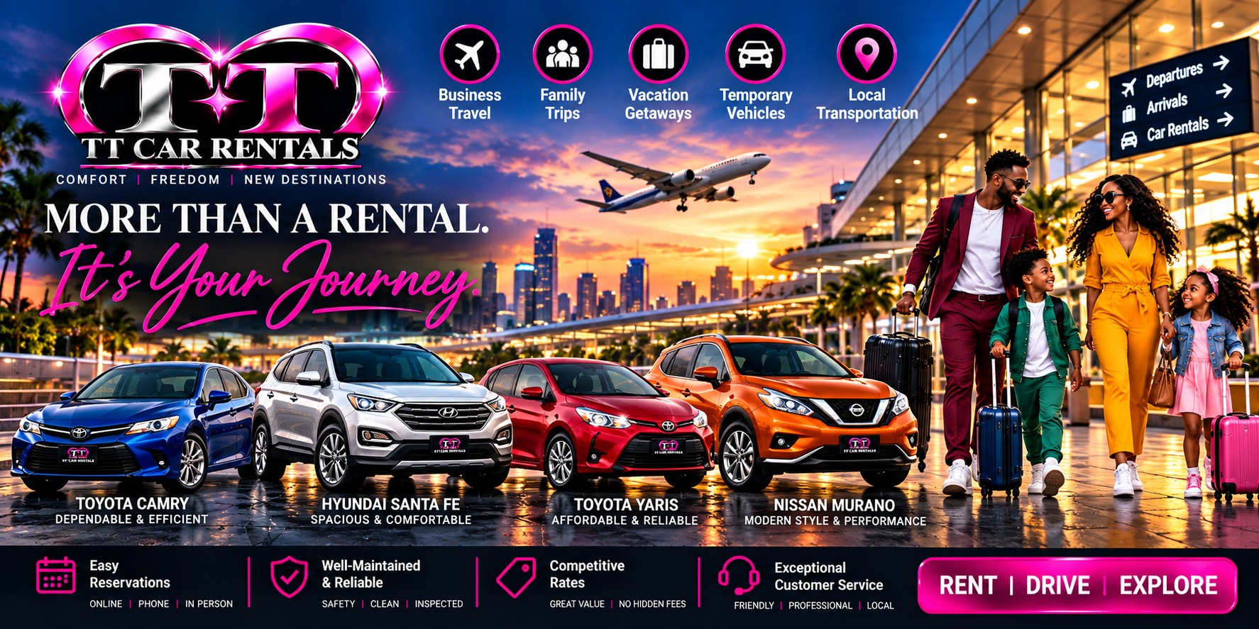 TT Car Rentals for business travel, family trips, vacations, temporary vehicles and local transportation